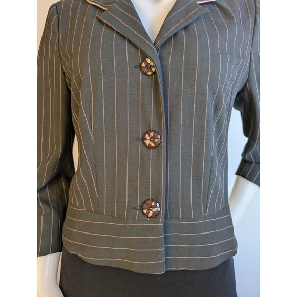 Elliott Lauren Blazer 6 Dark Gray Pink Pinstripe Cropped 3/4 Sleeve USA VTG - Picture 2 of 10